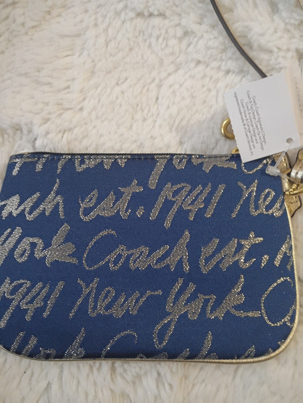 Coach BNWT Navy Blue and Gold Script Wristlet Clutch - Picture 8 of 10